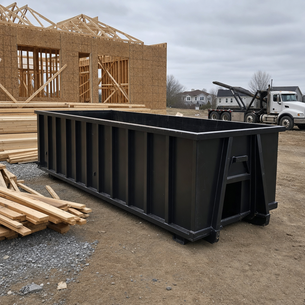 Matte-black 40-yard roll-off dumpster staged on a framed-out residential construction site in Grand Forks, framing lumber stacked nearby, hooklift delivery truck visible in the background under bright Colorado daylight