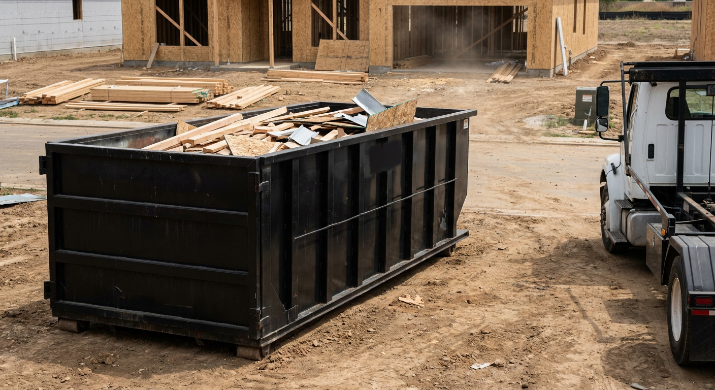 Matte-black 20-yard roll-off construction dumpster with heavy ribbed steel sidewalls and swing rear doors at a working jobsite in Grand Forks, sitting directly on compacted dirt with an unmarked white hauler partially visible at the far edge of the frame.