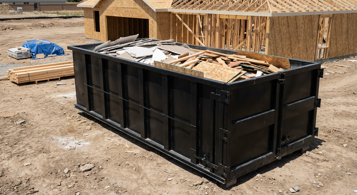 Matte-black 30-yard roll-off construction dumpster sitting directly on the compacted-dirt site of a framed single-family home build in Grand Forks, drywall and lumber scrap loaded inside.