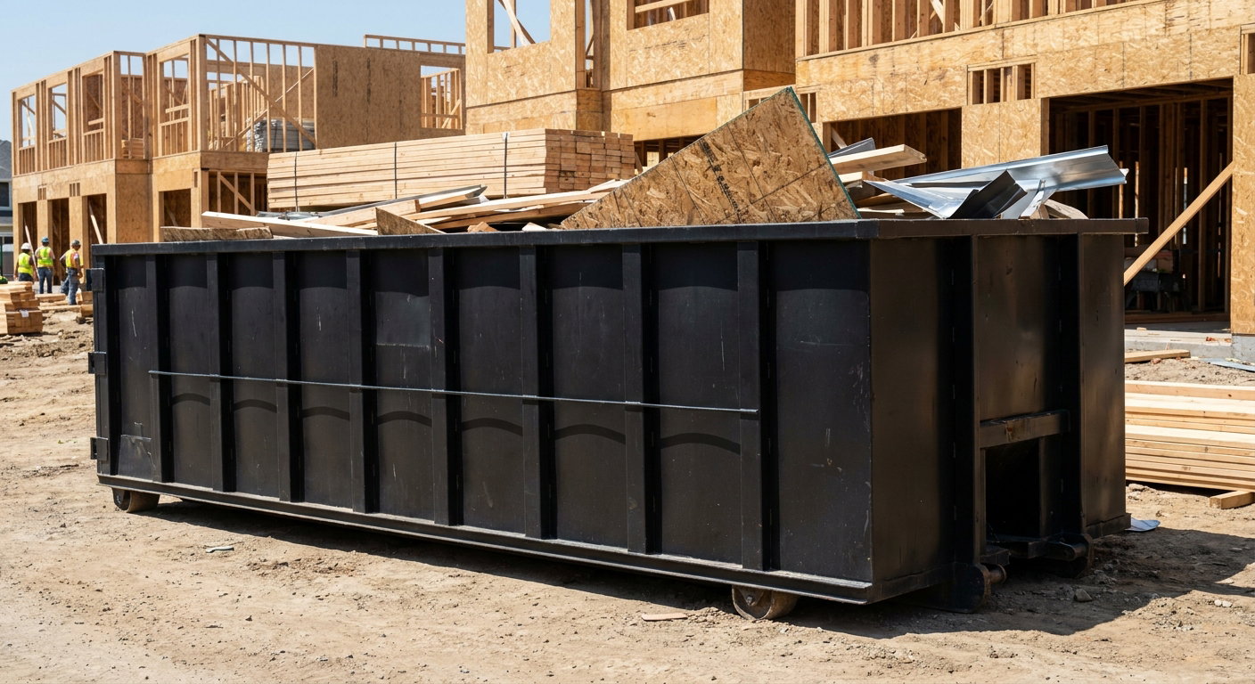 Matte-black 40-yard roll-off construction dumpster being lowered from a white-cab hooklift delivery truck onto the compacted-dirt jobsite at a commercial build site in Grand Forks