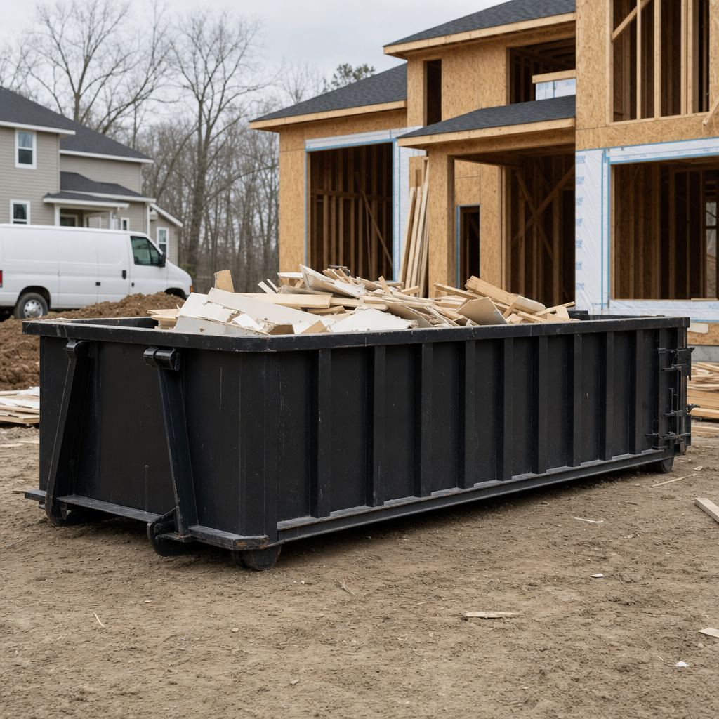 Worker in a yellow high-visibility vest tossing framing lumber and broken drywall into a matte-black 30-yard construction roll-off dumpster on an active build site in Grand Forks, bright daylight