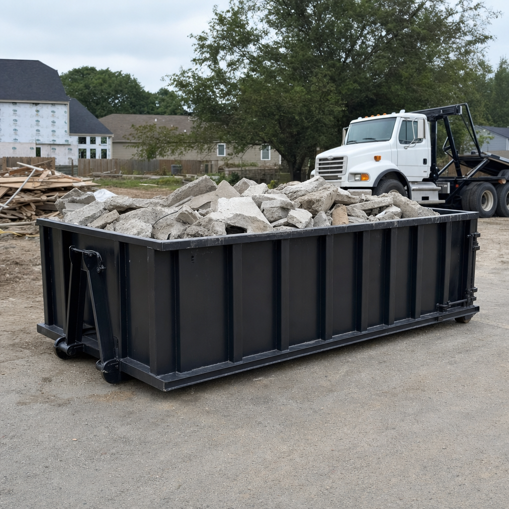 Low-profile matte-black lowboy roll-off dumpster loaded with broken concrete slab and rebar at a foundation tear-out in Grand Forks, skid steer parked beside it, sunny Colorado morning
