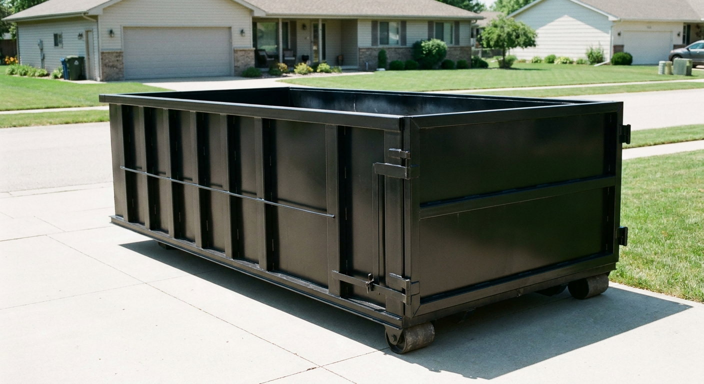 Matte-black 10-yard roll-off dumpster on a residential concrete driveway in Grand Forks, uniformly painted matte black across every panel and rail, ribbed steel sidewalls and rear swing door visible, mid-day daylight.