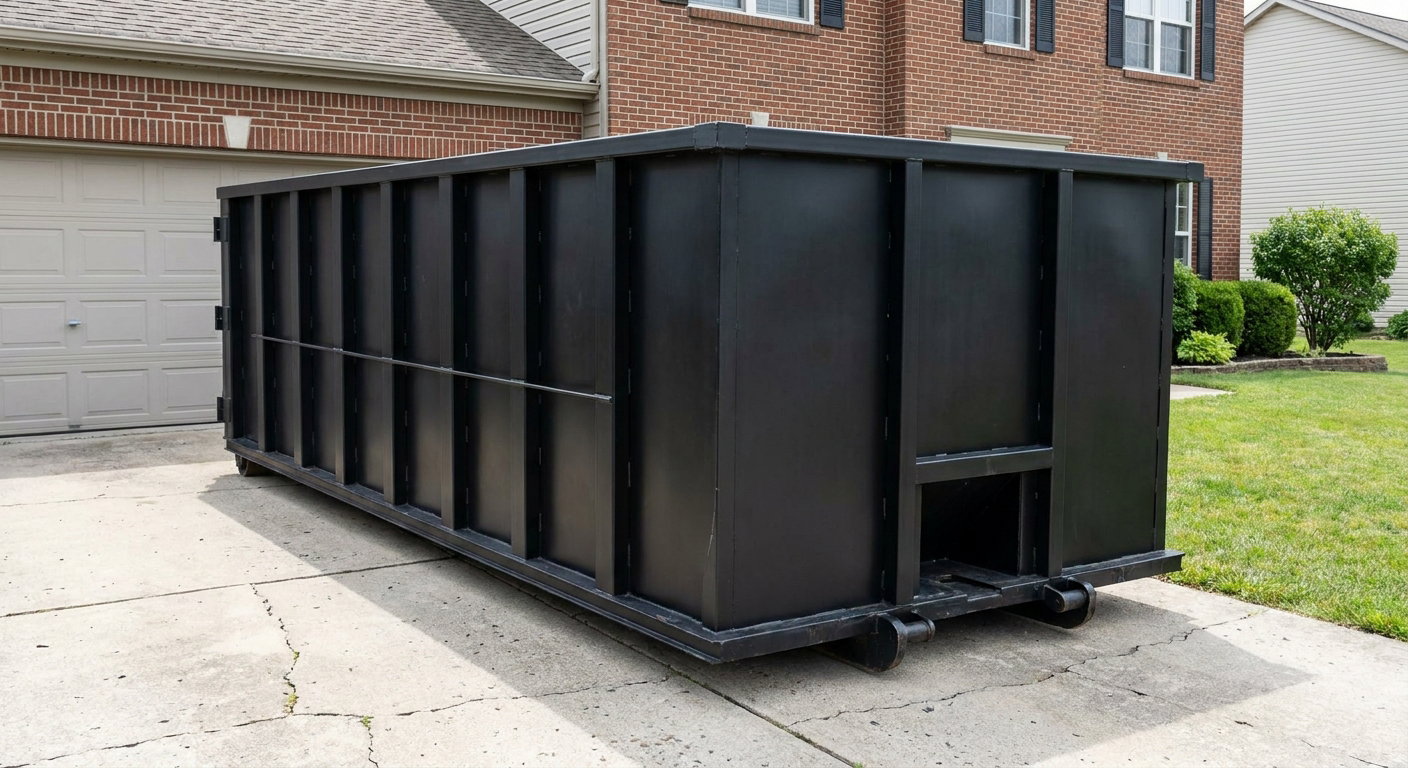 Matte-black 20-yard roll-off container on a Grand Forks residential concrete driveway with reinforced ribbed steel sidewalls and a hinged rear walk-in door, clean bright daylight.