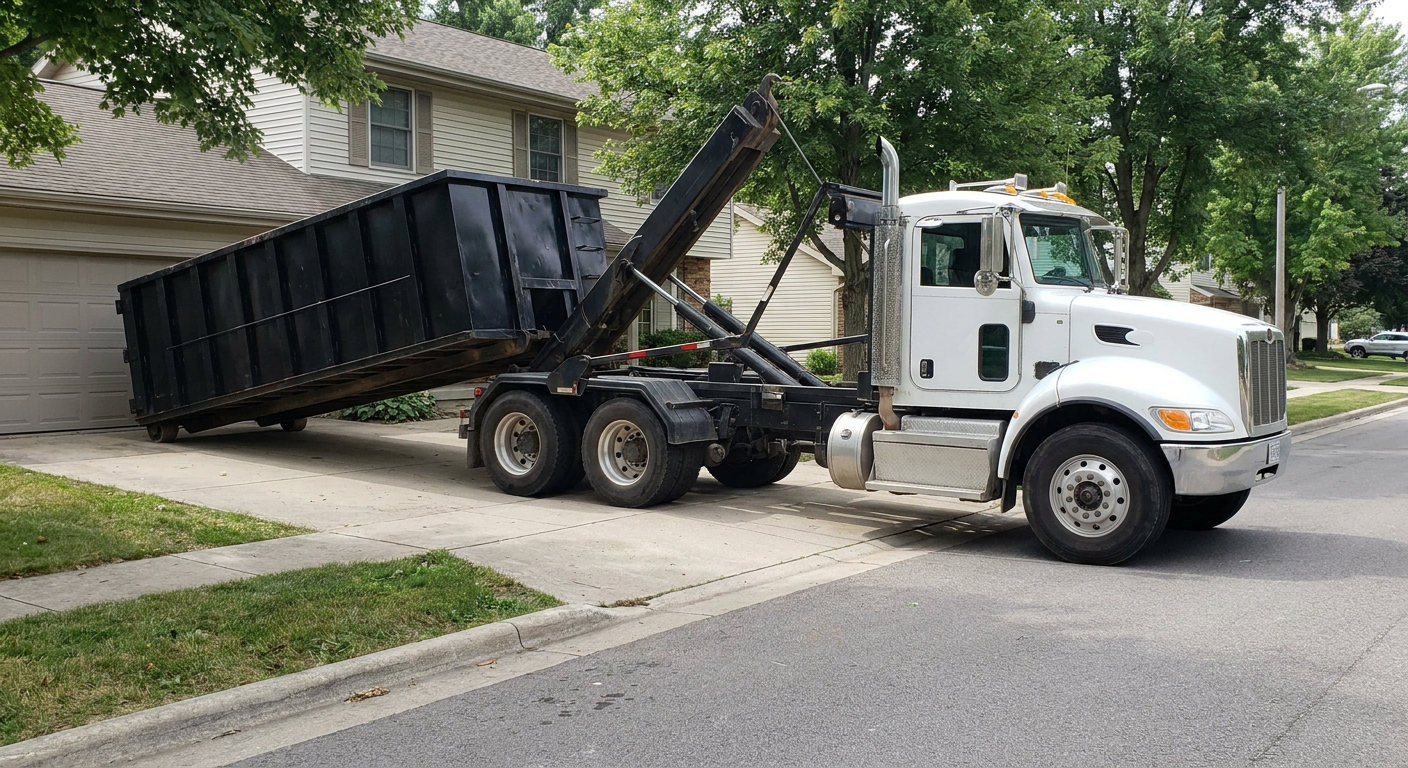 White-cab hooklift roll-off truck actively lowering a matte-black dumpster onto a Grand Forks residential concrete driveway, the dumpster's rear wheels touching the driveway as the hoist arm tilts the bed forward, mid-morning daylight.