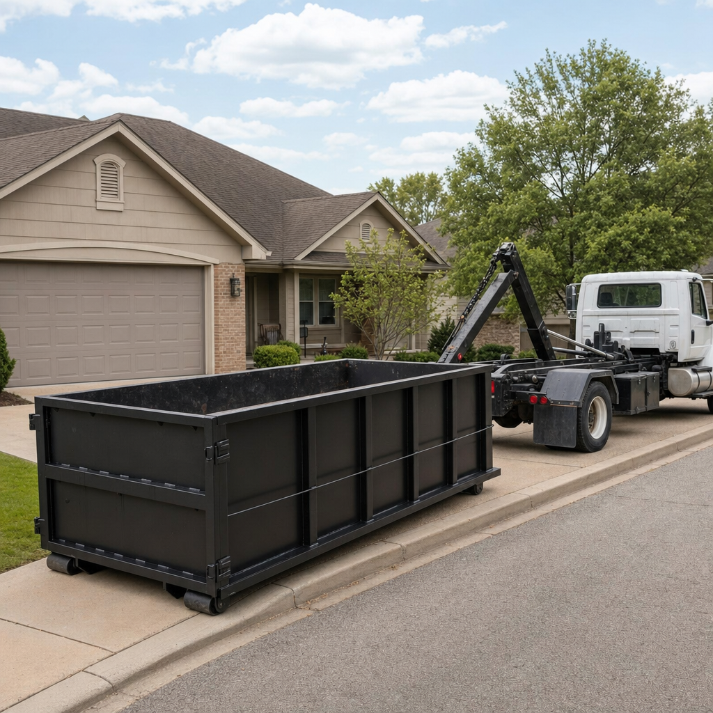 Wide documentary shot of a matte-black roll-off dumpster on a Grand Forks residential driveway in the foreground and a contractor jobsite container in the soft-focus background, bright daylight, calm and orderly composition.