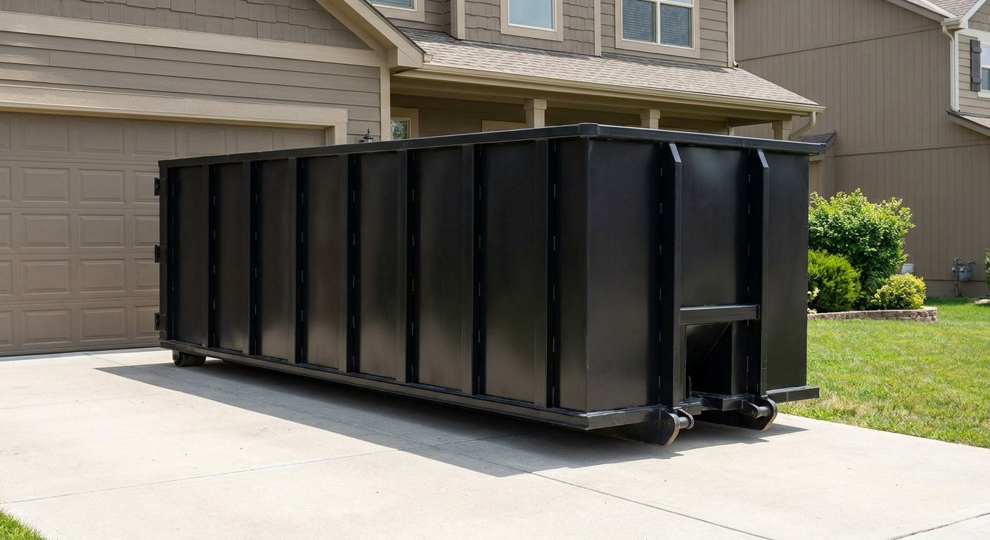 Matte-black residential roll-off dumpster sitting directly on a suburban Grand Forks concrete driveway, garage door closed, single-family home in background, bright morning daylight.