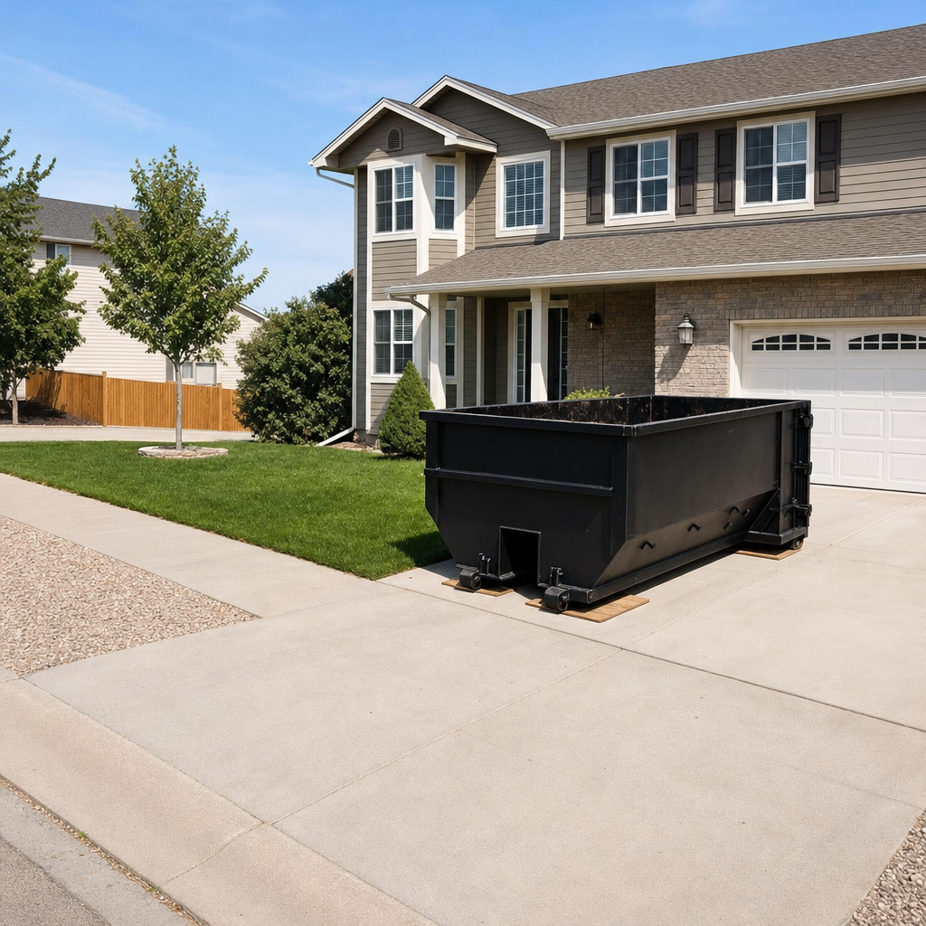 10-yard matte-black residential dumpster placed directly on a narrow Grand Forks concrete driveway, room remains for a parked sedan beside it, mid-morning natural light