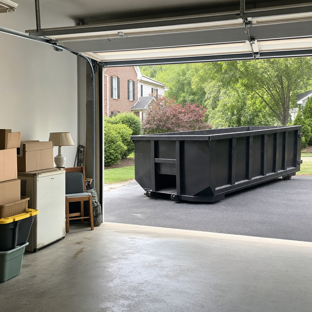 Open garage interior in a Grand Forks home mid-cleanout — boxed items, an old appliance, and stacked yard tools queued near the driveway for a matte-black roll-off dumpster, organized and calm