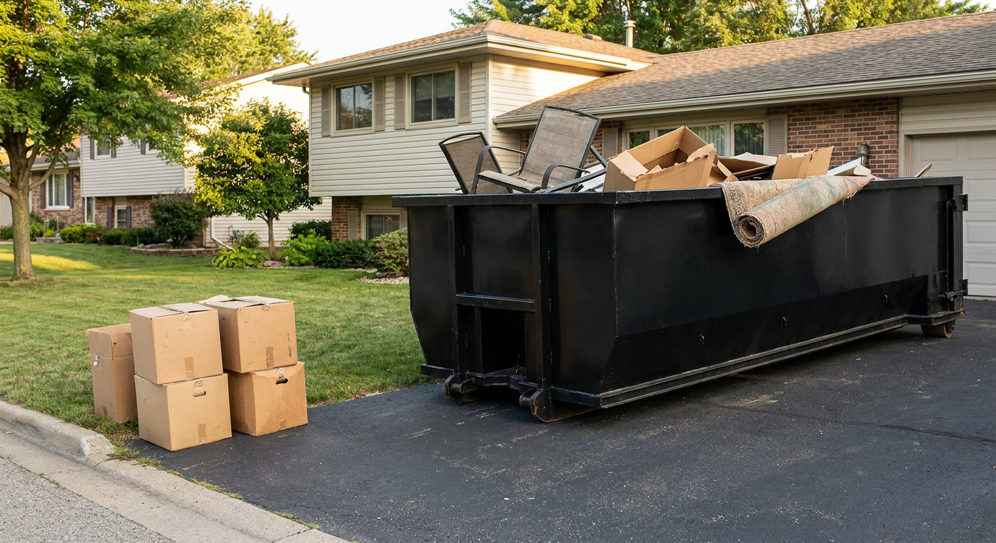 Front-yard view of a Grand Forks split-level home with a 20-yard matte-black roll-off dumpster sitting directly on the asphalt driveway, a few clearly labeled donation boxes staged at the curb, calm sunny afternoon.