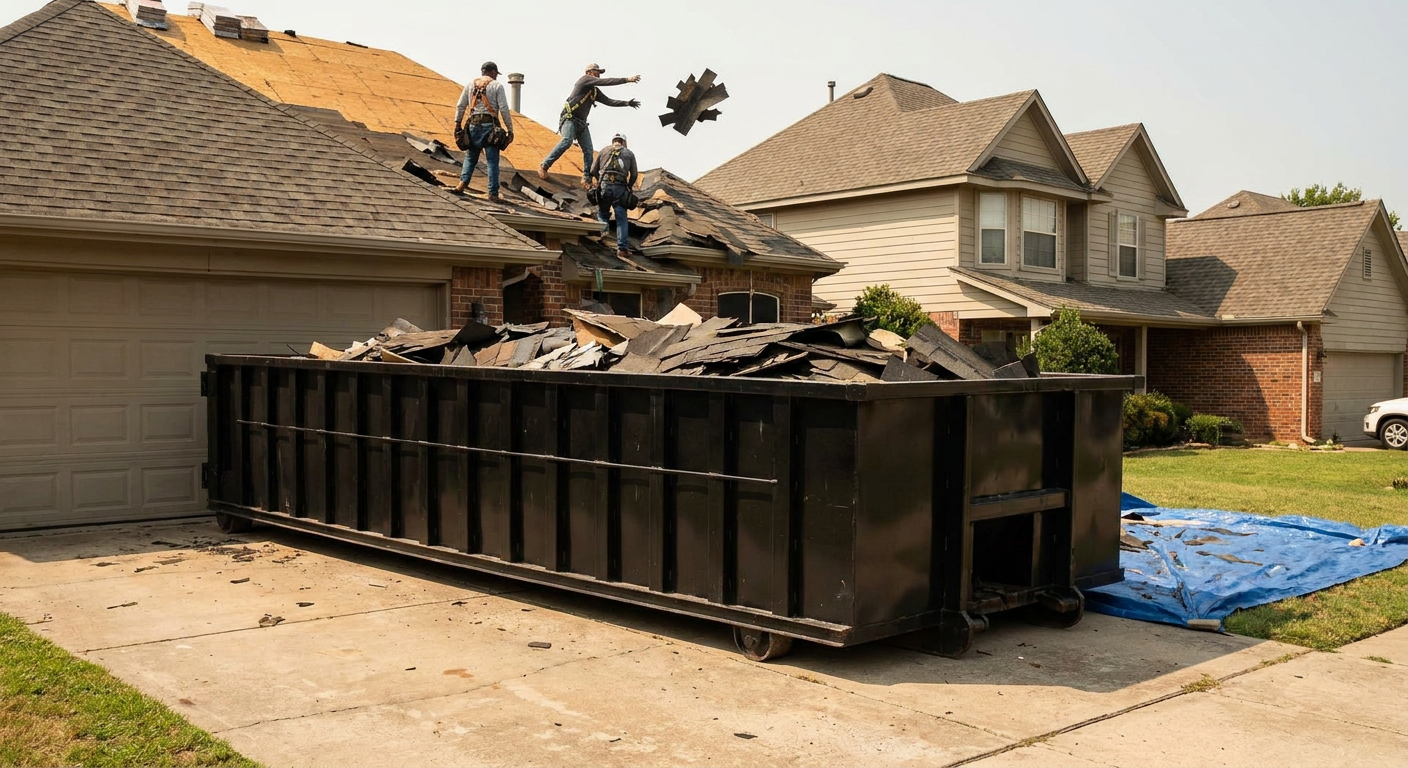 Matte-black roofing roll-off dumpster placed directly on a Grand Forks residential concrete driveway, a tear-off crew on a two-story asphalt-shingle roof tossing shingle bundles into the low-walled container, bright daylight, documentary 35mm perspective.