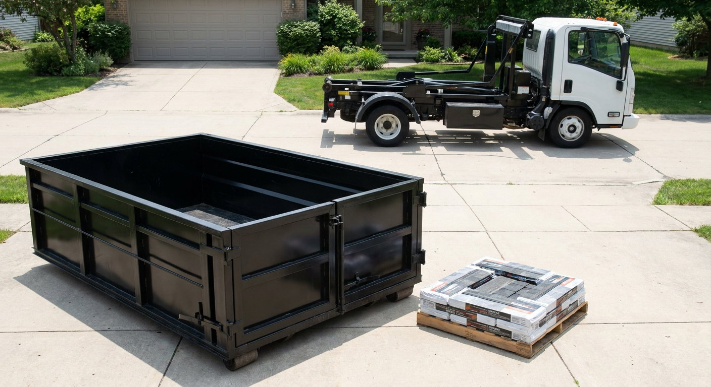 Matte-black 15-yard roofing roll-off dumpster with reinforced low side walls sitting directly on a Grand Forks residential concrete driveway, three-tab asphalt shingle bundles stacked nearby, an unmarked white hauler truck partially visible at the edge of the frame.