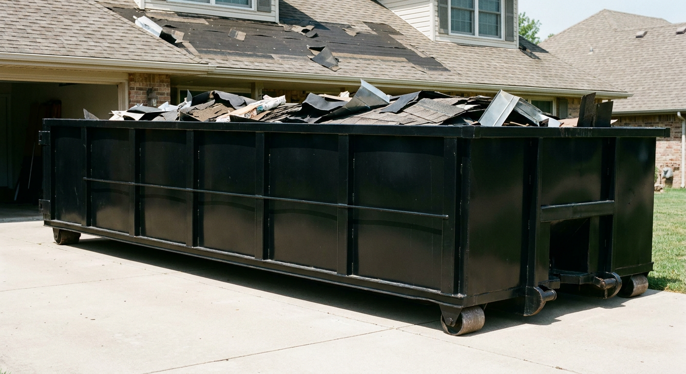Matte-black 20-yard roofing roll-off dumpster with steel ribbed sides and swinging rear door, sitting directly on the concrete driveway of a two-story Grand Forks home, asphalt shingle debris being loaded over the low wall, clean documentary lighting.