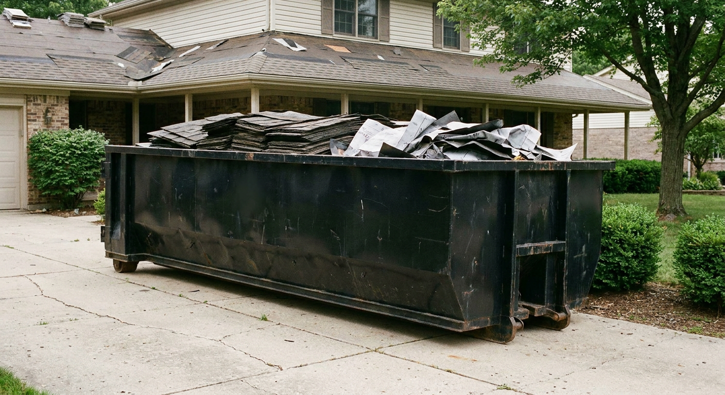 Matte-black 30-yard roofing roll-off dumpster sitting directly on a Grand Forks concrete driveway, taller ribbed steel side panels, mixed tear-off debris of asphalt shingles and underlayment inside, professional documentary daylight.