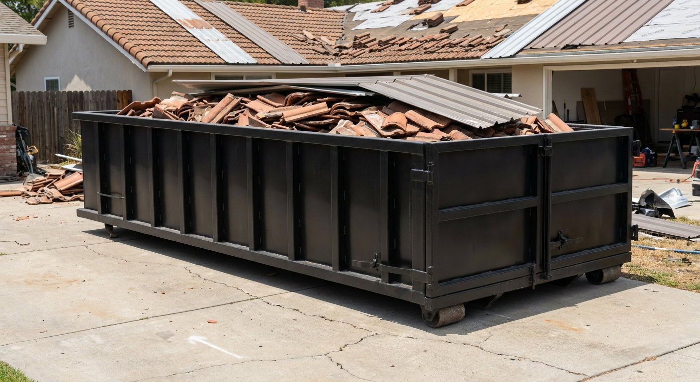 Matte-black low-wall heavy-debris roofing roll-off dumpster sitting directly on a Grand Forks concrete driveway, broken concrete clay roof tiles and metal panel sections loaded inside, reinforced ribbed steel side walls visible, bright outdoor daylight.