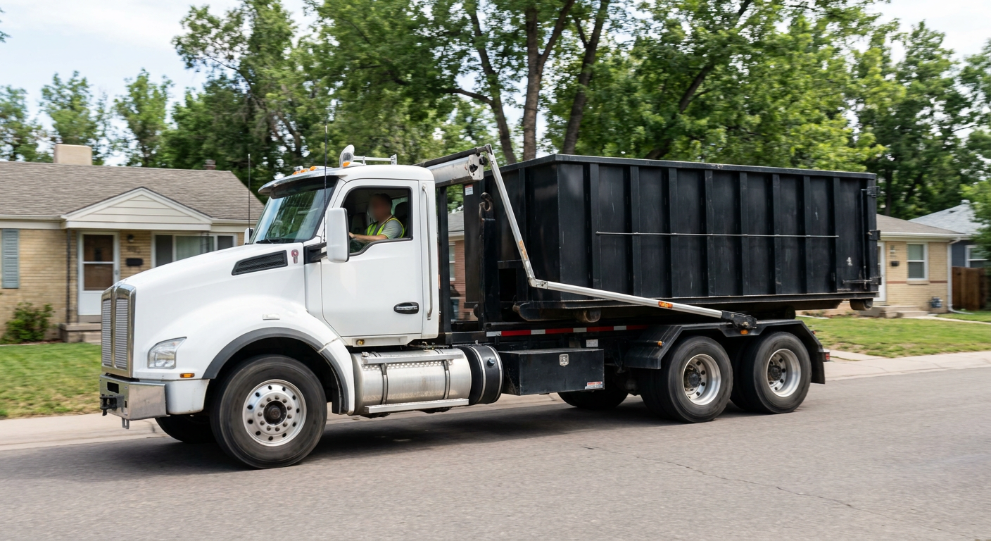 A wide documentary shot of a matte-black roll-off delivery truck pulling onto a quiet Grand Forks residential street at mid-morning, with neighborhood rooftops and tree-lined blocks visible behind, showing the metro coverage footprint.