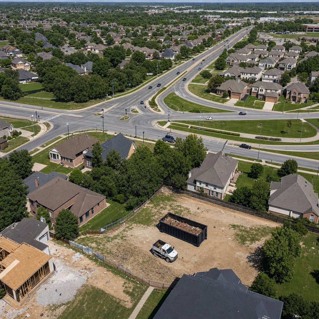 An overhead documentary view of the Grand Forks metro area at midday, showing the spread of neighborhoods, arterial roads, and the dispatch radius from a central yard — clean daylight, organized geographic layout.