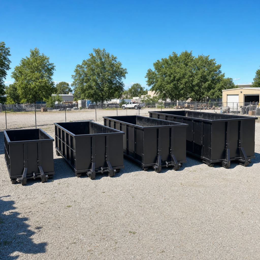 A clean lineup of matte-black roll-off dumpsters in 10, 20, 30, and 40-yard sizes staged on a sunlit gravel yard in Grand Forks, showing the size progression from compact to commercial-scale containers.