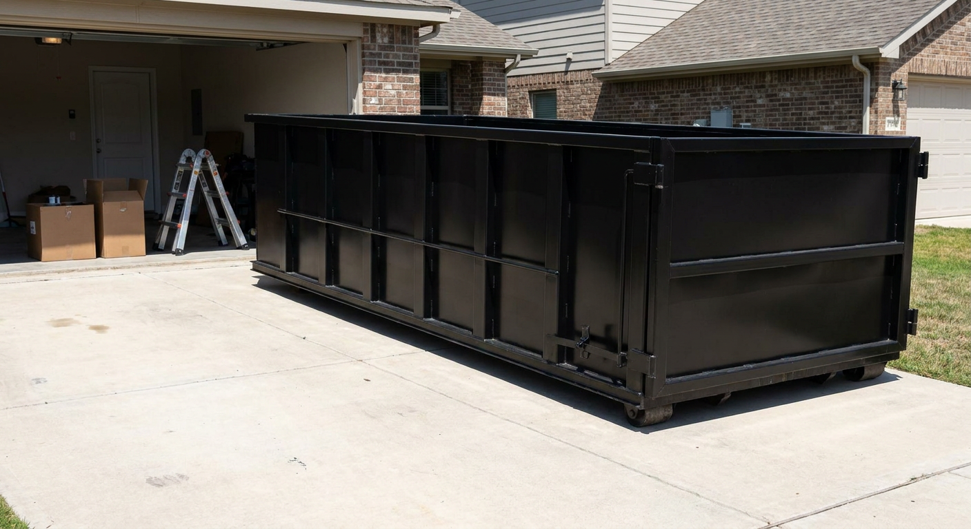 A matte-black 10-yard roll-off dumpster sitting directly on a residential Grand Forks concrete driveway, mid-day sunlight, clean and ready for a garage cleanout.