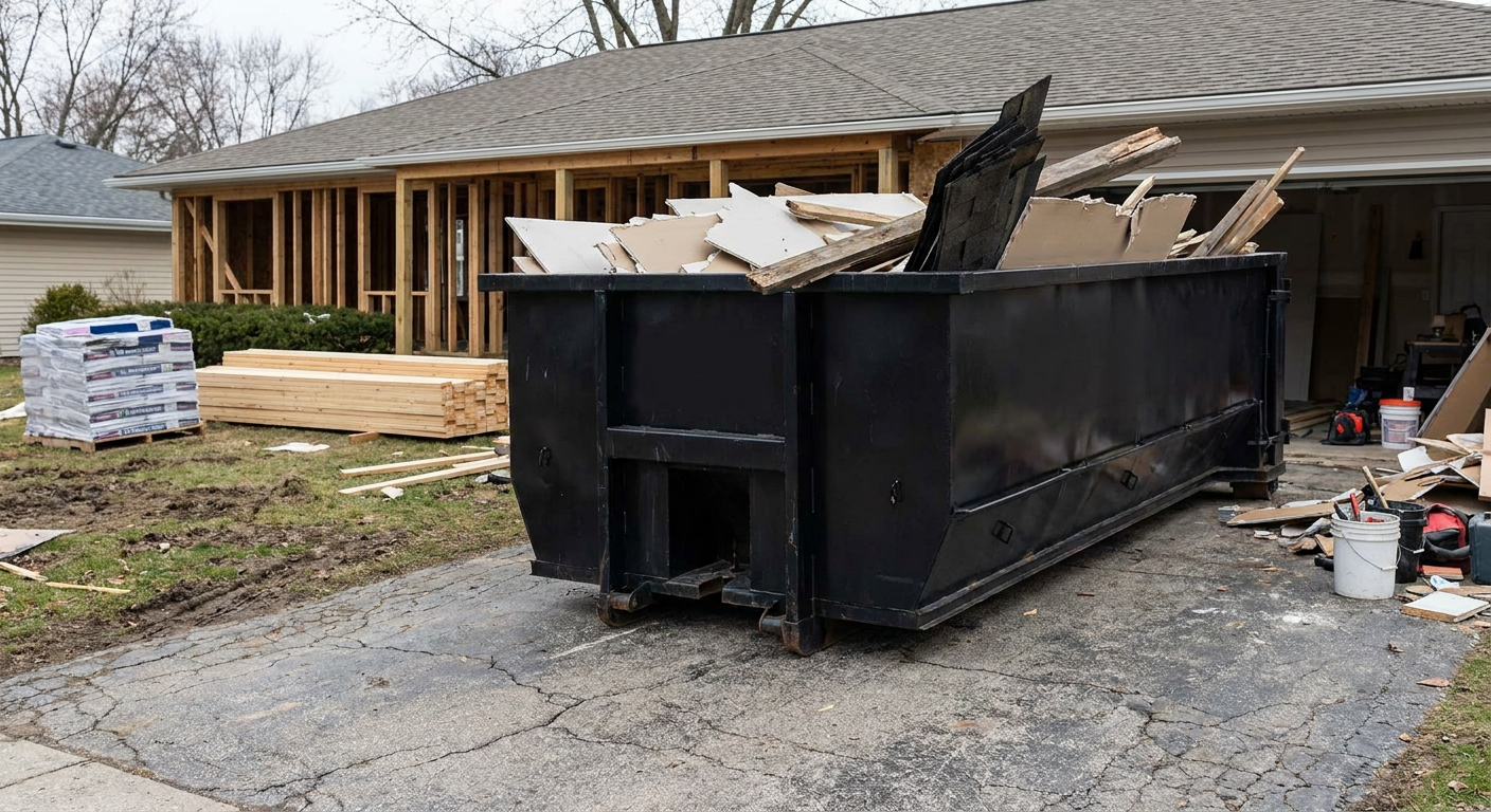 A matte-black 20-yard roll-off dumpster placed alongside a mid-renovation Grand Forks home directly on the asphalt driveway, with framing materials and torn-off shingles staged neatly nearby.