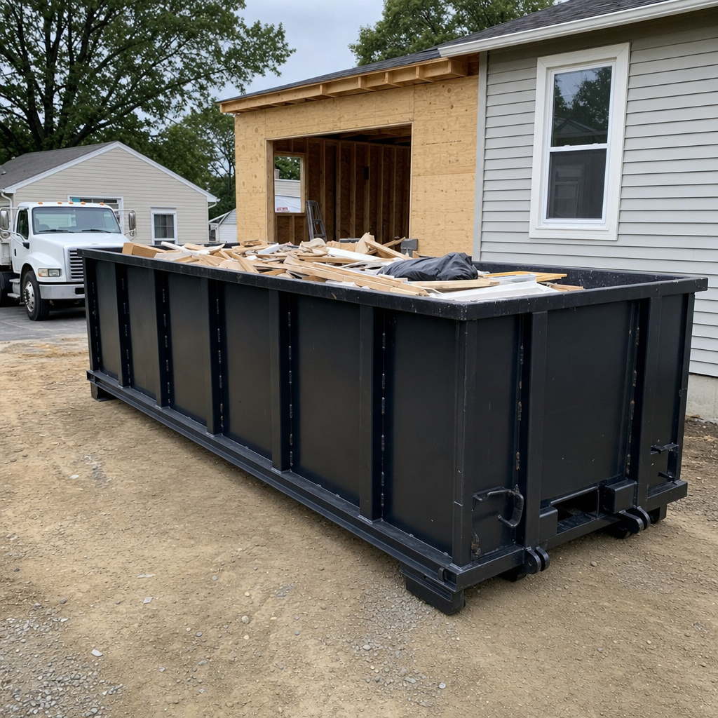 A matte-black 30-yard roll-off dumpster positioned at a Grand Forks residential addition jobsite, with framing lumber and drywall scraps loaded through the open swinging rear doors.