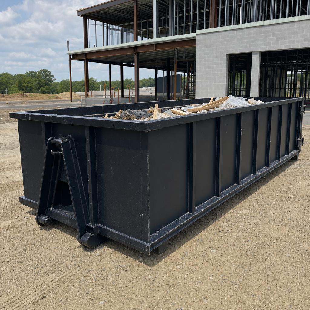 A matte-black 40-yard roll-off dumpster staged on a large Grand Forks commercial construction lot, with a hooklift delivery truck parked alongside under bright midday sky.