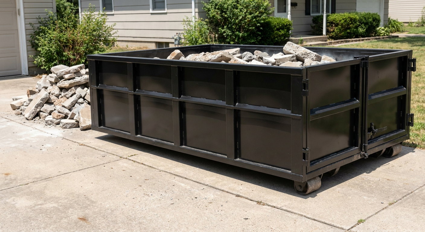 A matte-black low-side heavy-debris roll-off dumpster placed directly on a Grand Forks concrete driveway, with broken concrete chunks neatly stacked beside it under clean daylight.